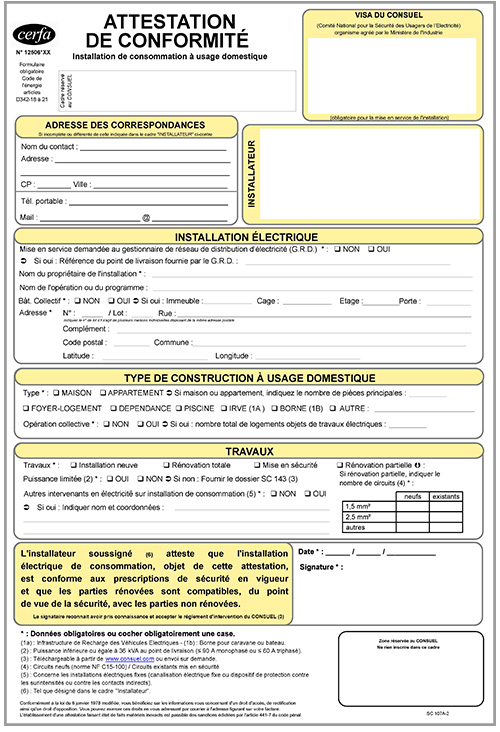 Certificat Consuel CERFA feuille jaune